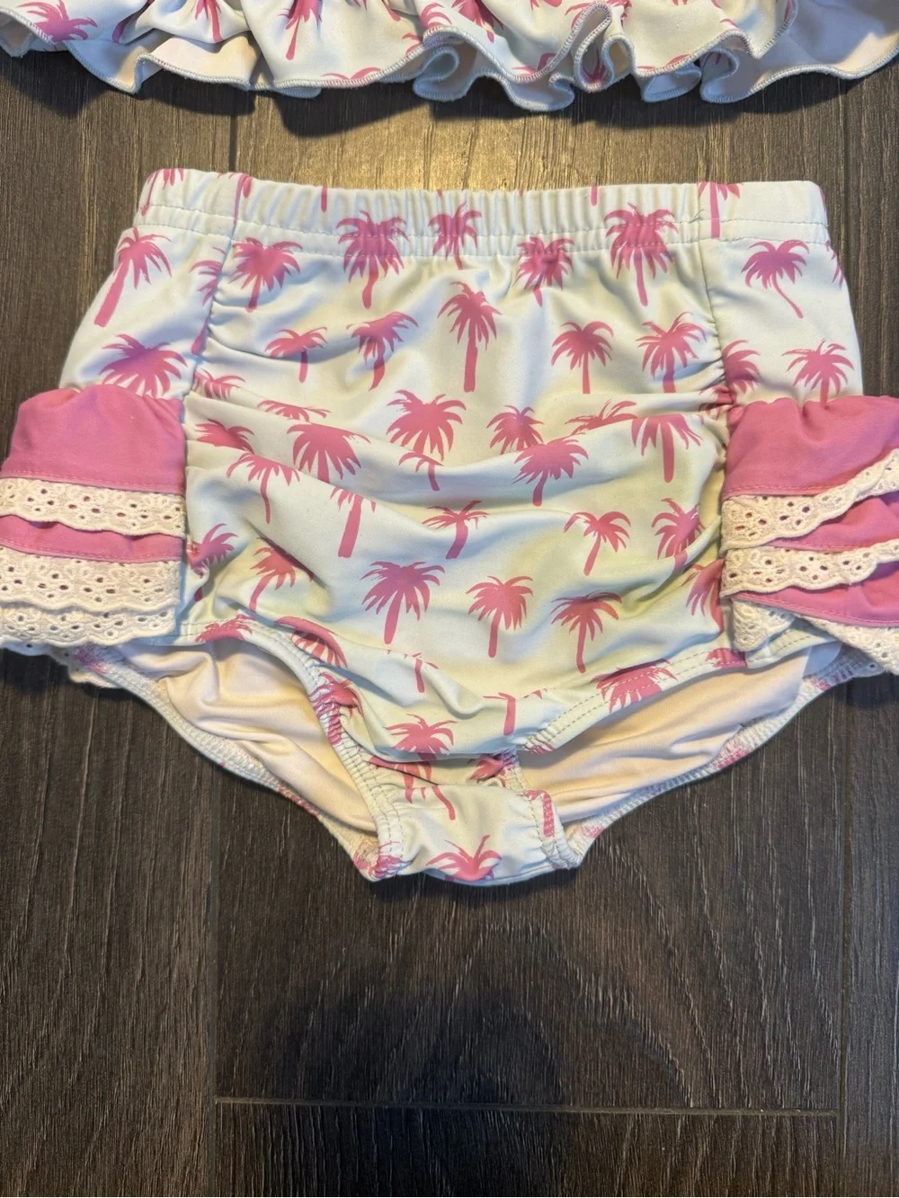 Girls Pink Palm-Print Ruffle Bikini Set